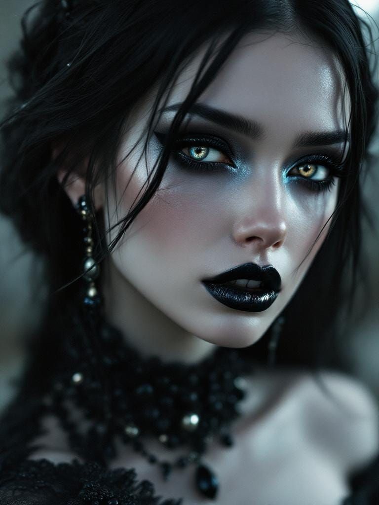 Ethereal Goth Model in Hyperreal Cinematic Noir Style