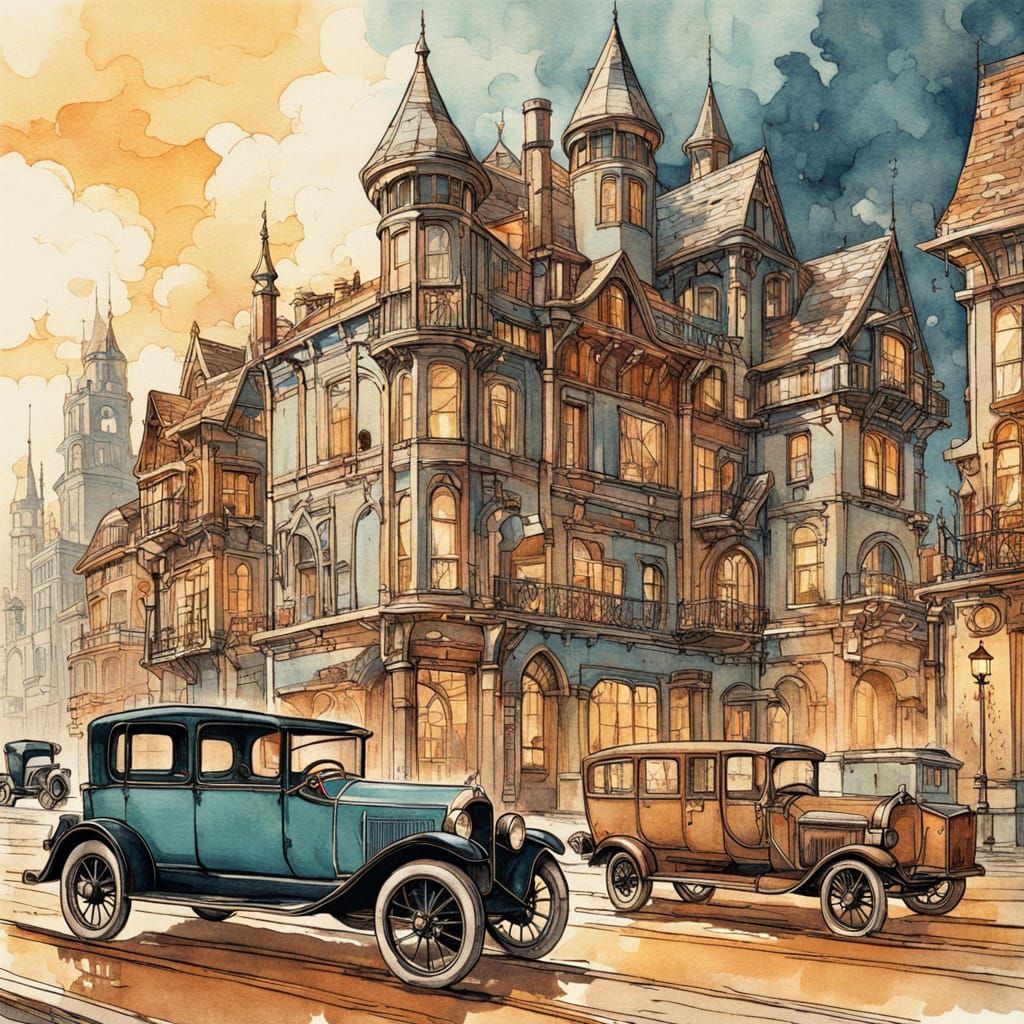 Fairy Riding Cardboard Train Through 1920s Ford Cityscape