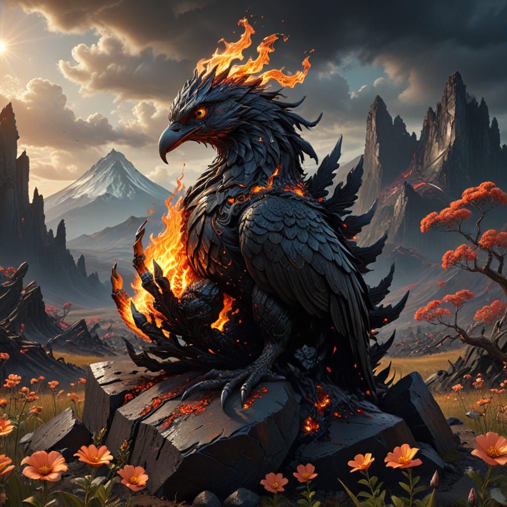 Massive Obsidian Hand Holds Flaming Phoenix Elemental