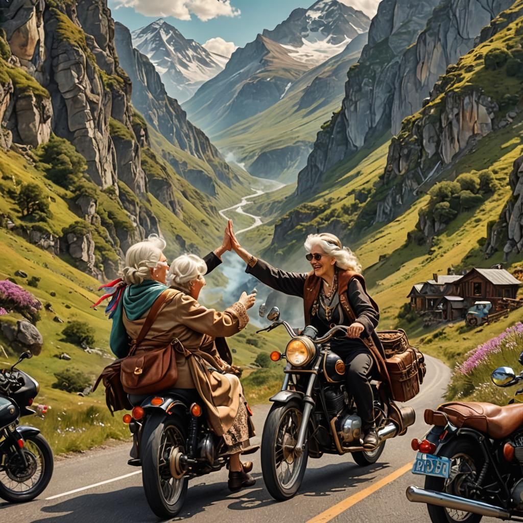 Steampunk Old Ladies High-Fiving on Motorcycles