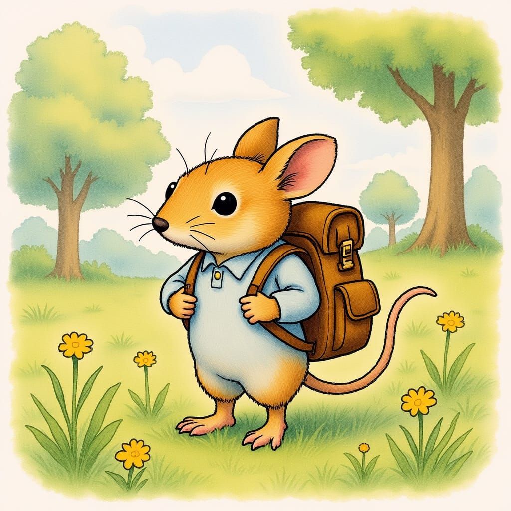 Mouse in Meadow, Whimsical Illustration