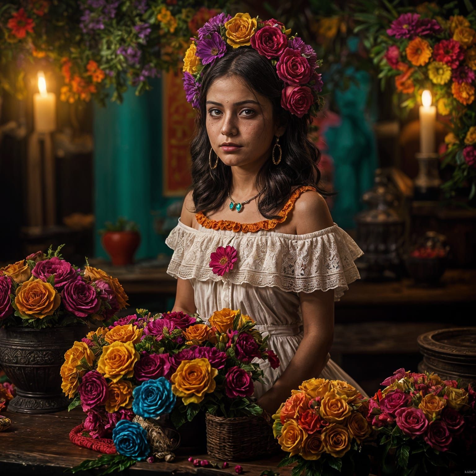 Mexican Girl Día de los Muertos in Vibrant Colors