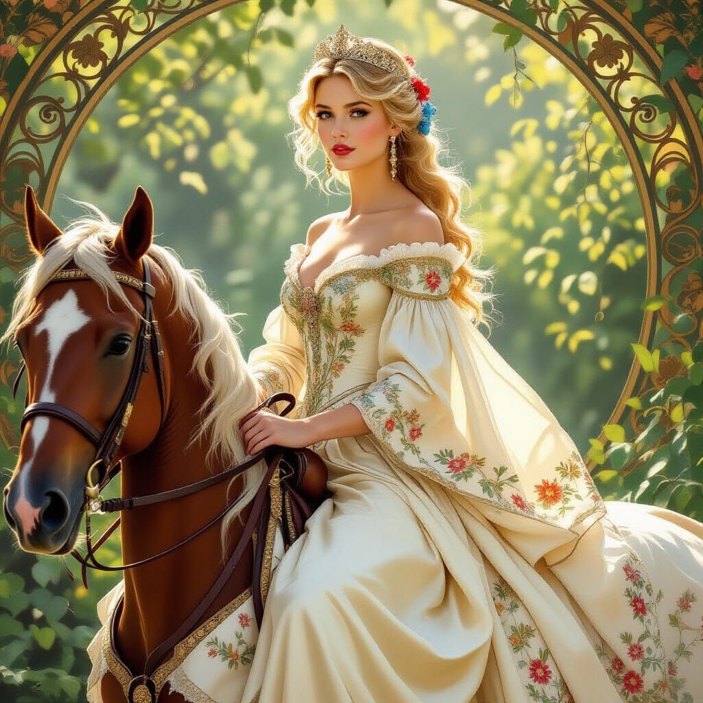 Woman in Royal Dress Rides Horse, Art Nouveau Style
