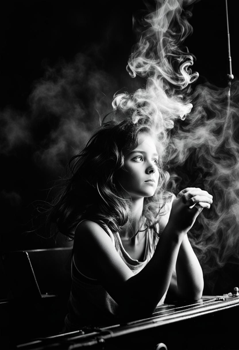 Girl Smoking at Naval Base with Battleships