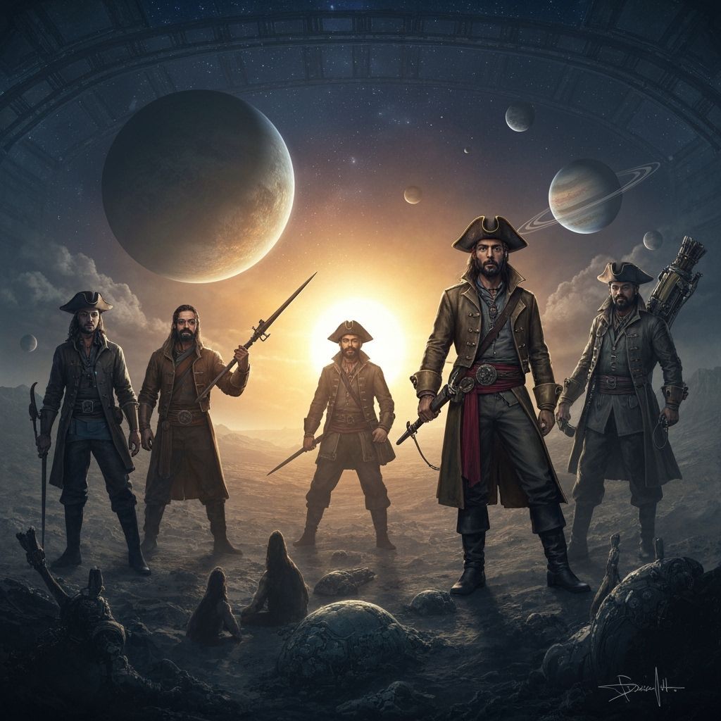 Cosmic Pirates Under a Cloudy Sun in Sci-Fi Style