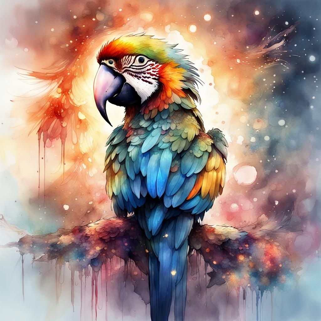 Cute Chibi Macaw in Space: Digital Watercolor
