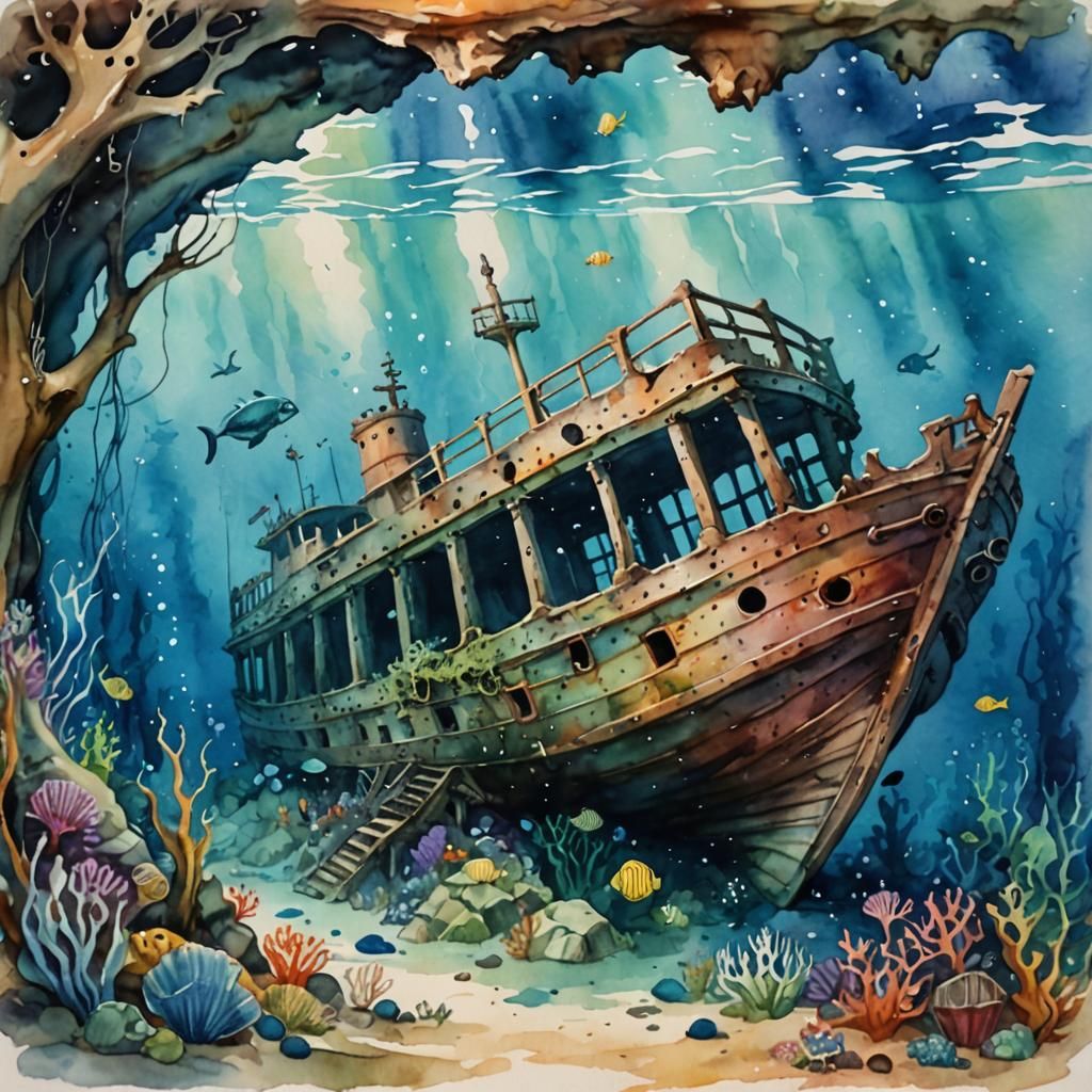 Underwater Mermaid Hideout in Sunken Shipwreck: Watercolor