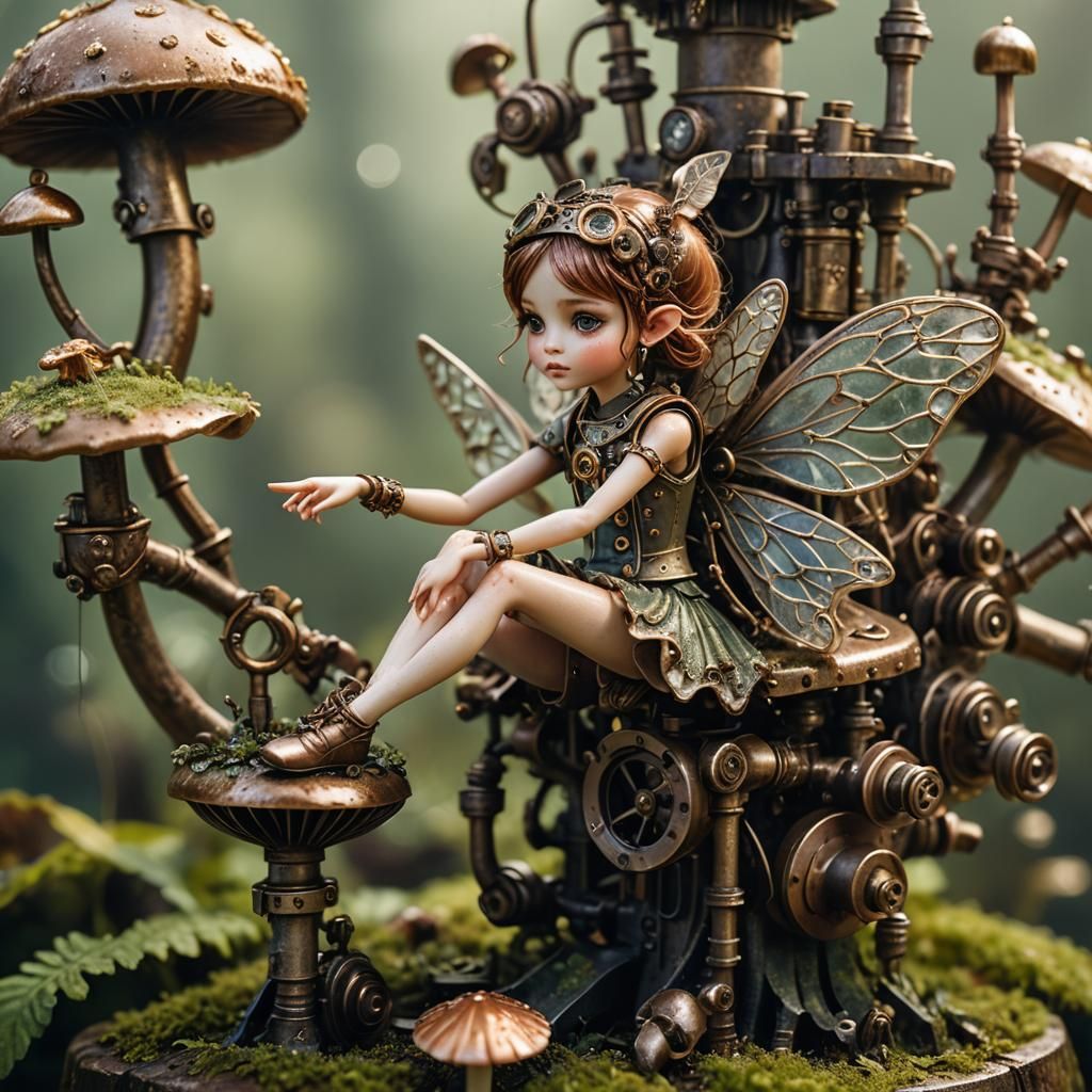 Steampunk Fairy on Mushroom Macro Photograph