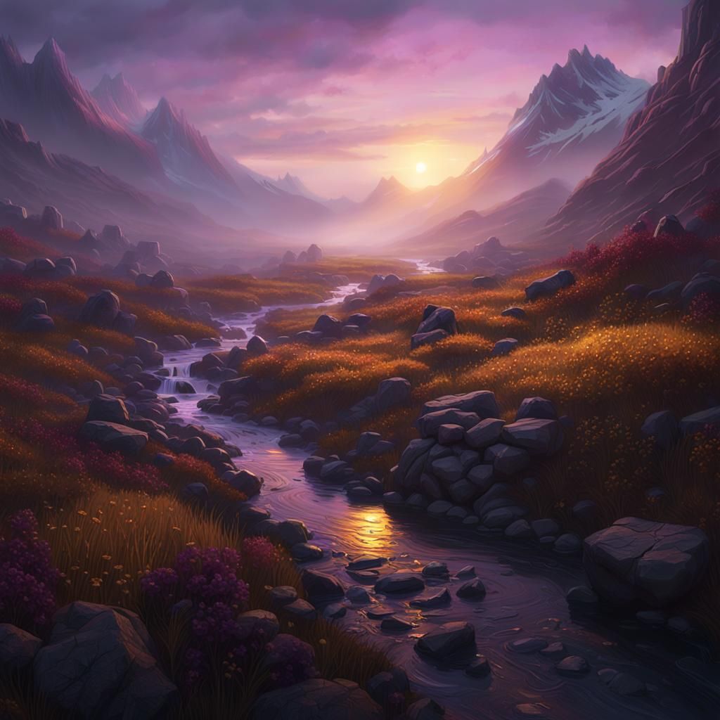 Mountain Sunrise with Stream in Dark Fantasy Style
