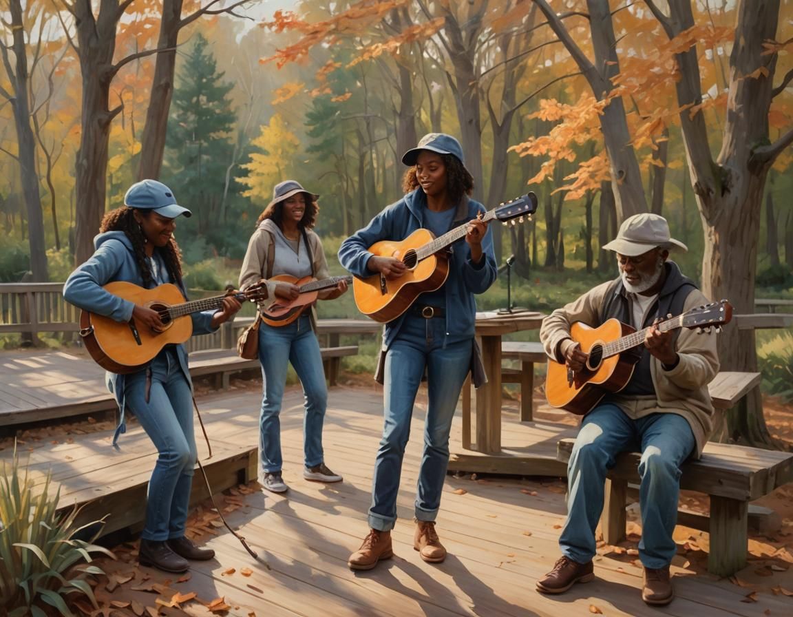 Bluegrass Band on Boardwalk in Impressionist Style