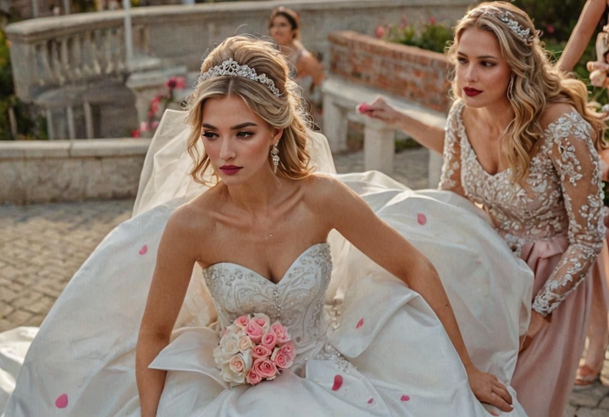 Stunning Blonde Bride in White Satin Gown