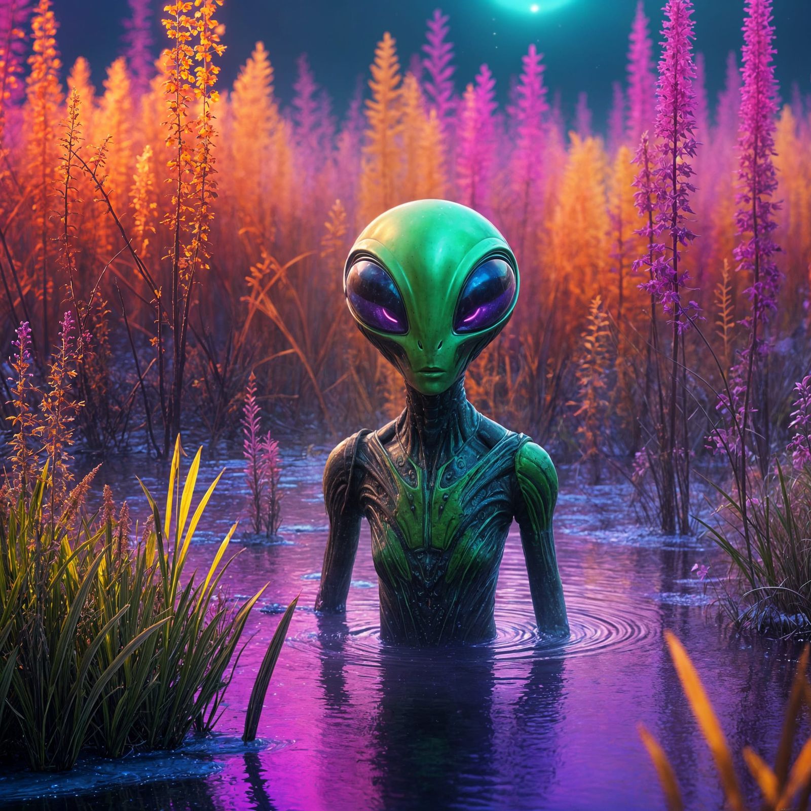 Fluorescent Alien Marsh With Purple Water