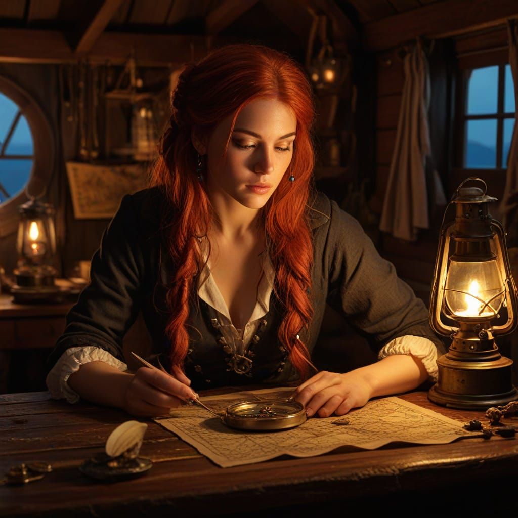 Red-Haired Pirate Checking Compass: Oil Painting