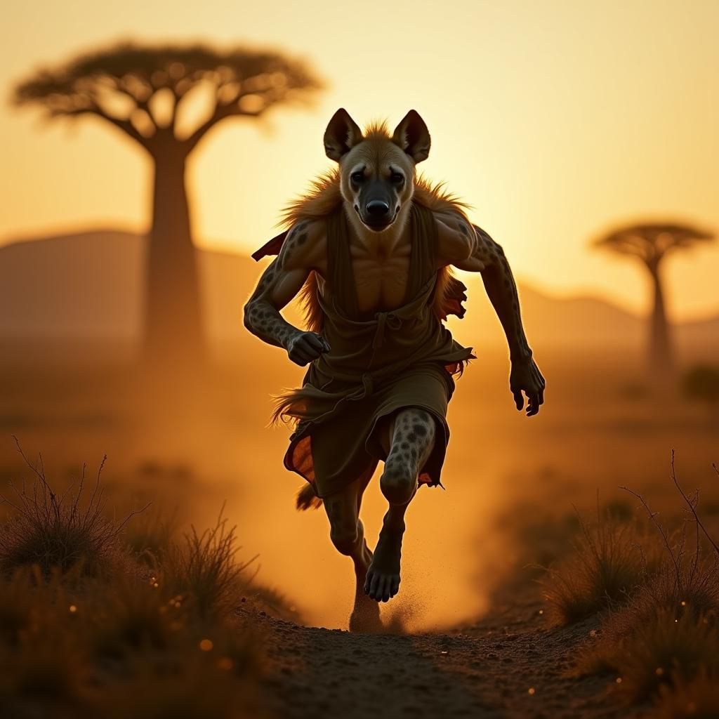 Hyena Running Towards Baobab Tree at Sunrise