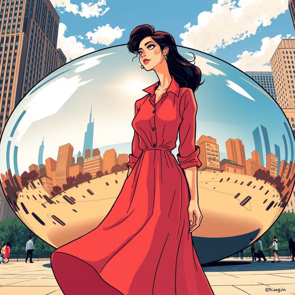 Woman at Chicago Bean in Anime-Inspired Illustration