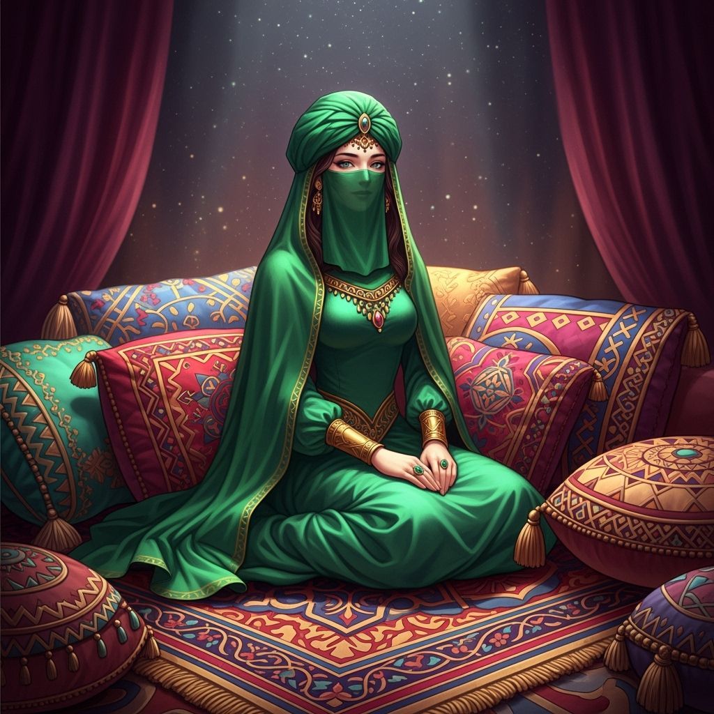 Arabian Woman in Emerald Niqab on Magic Carpet