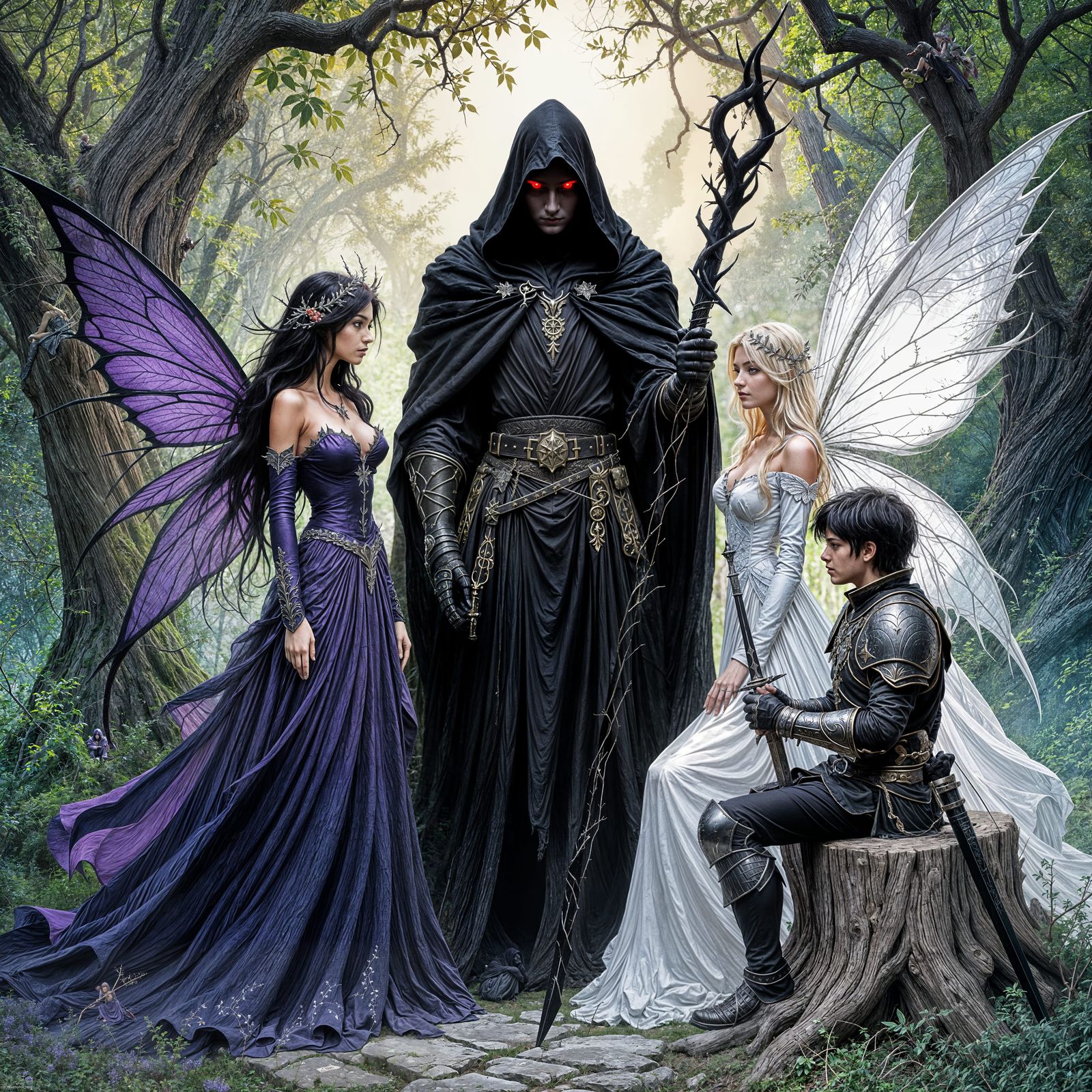 Fantasy Scene: Wizard, Fairies, and Warrior with Sword