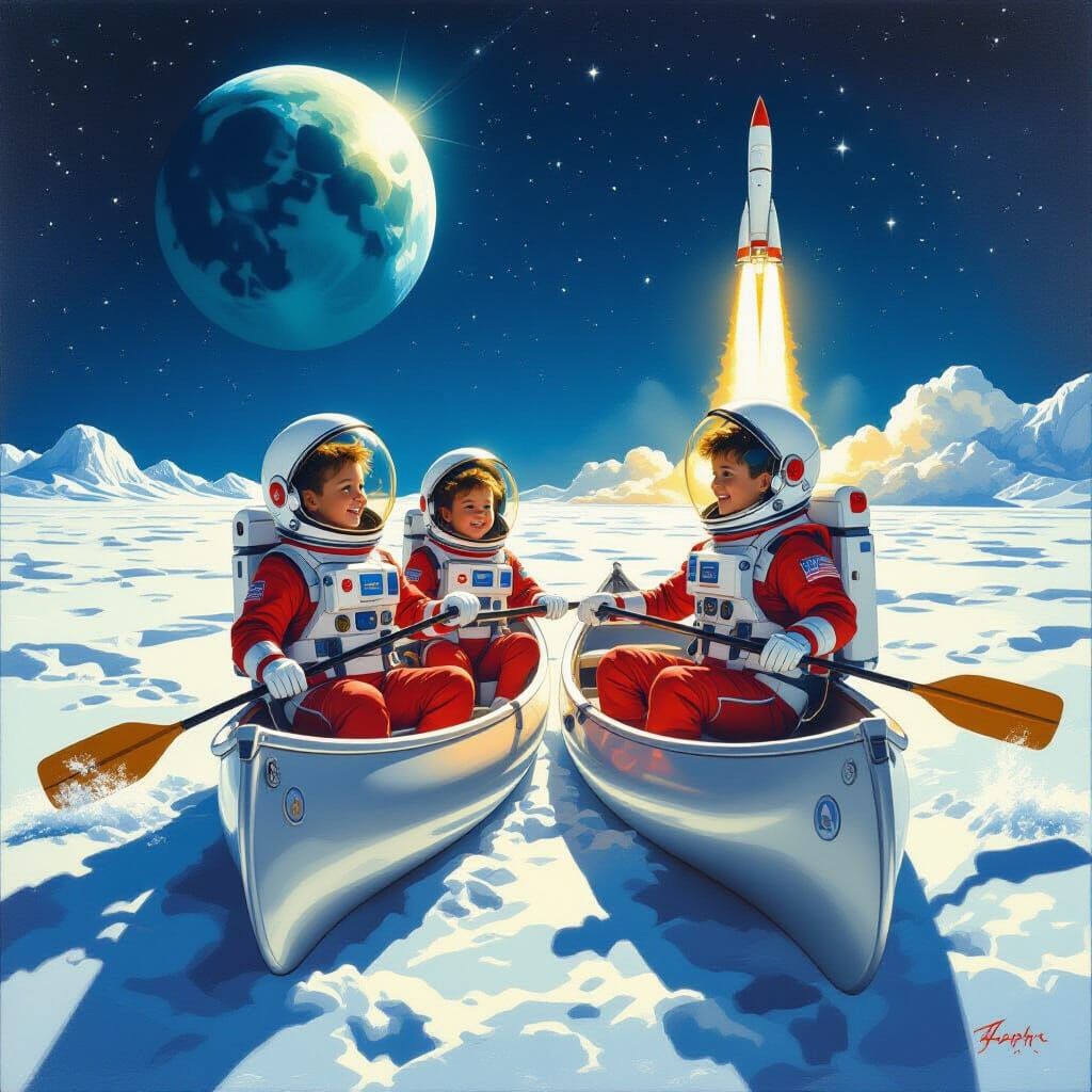 Children Kayaking on the Moon in Retro Sci-Fi Style