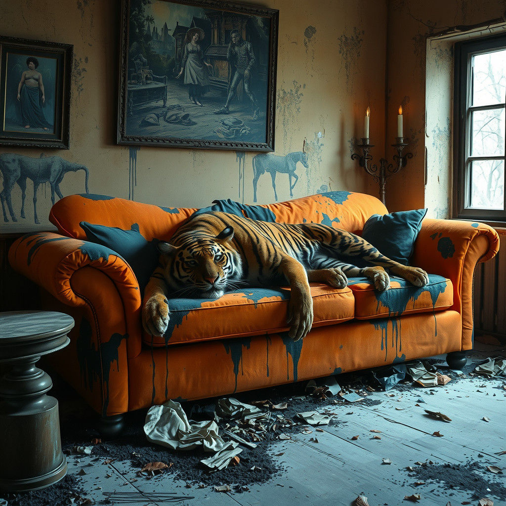 Macabre Zombie Tiger Slumber in Abandoned Room