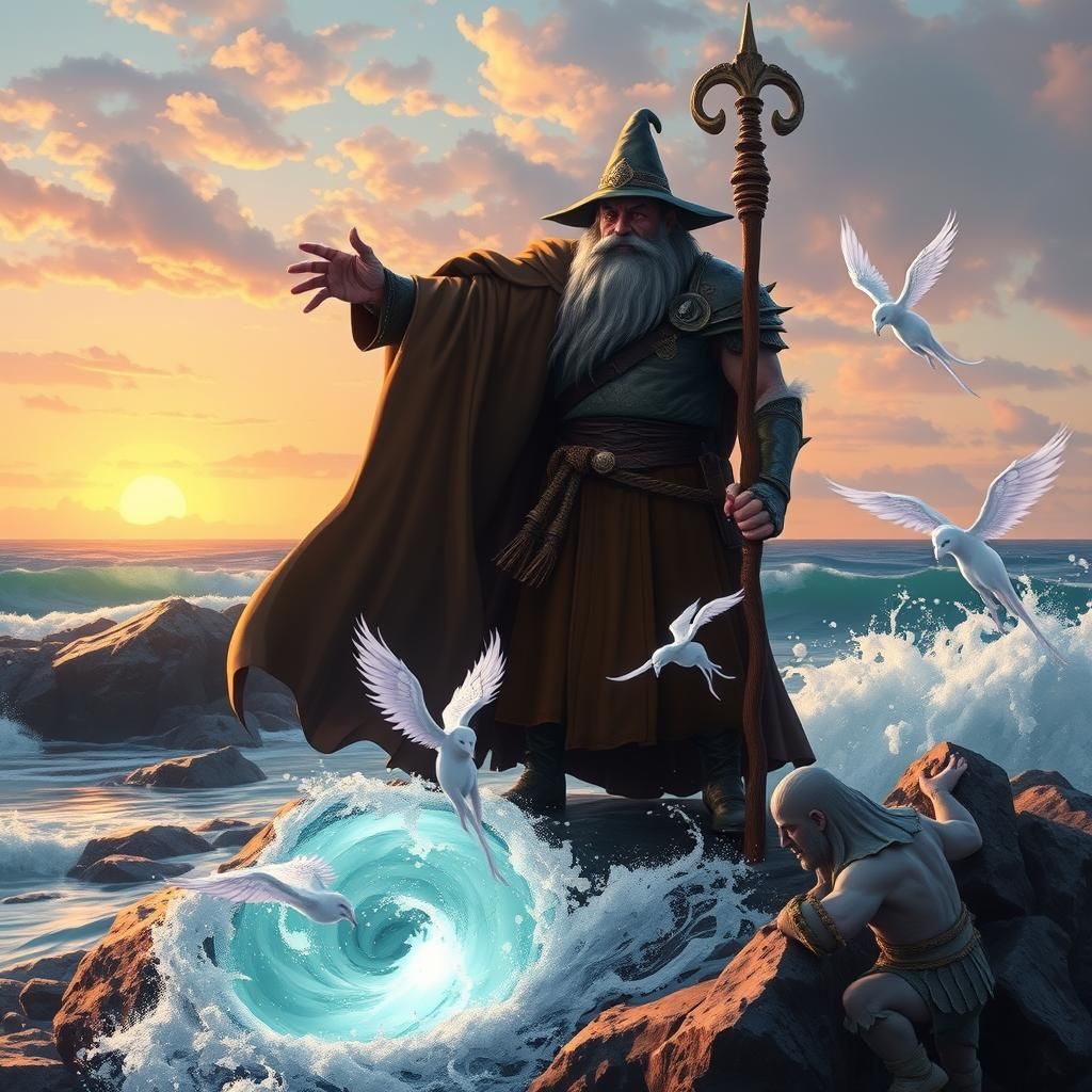 Wizard and Dwarf Conjure Ethereal Beings in Anime Style