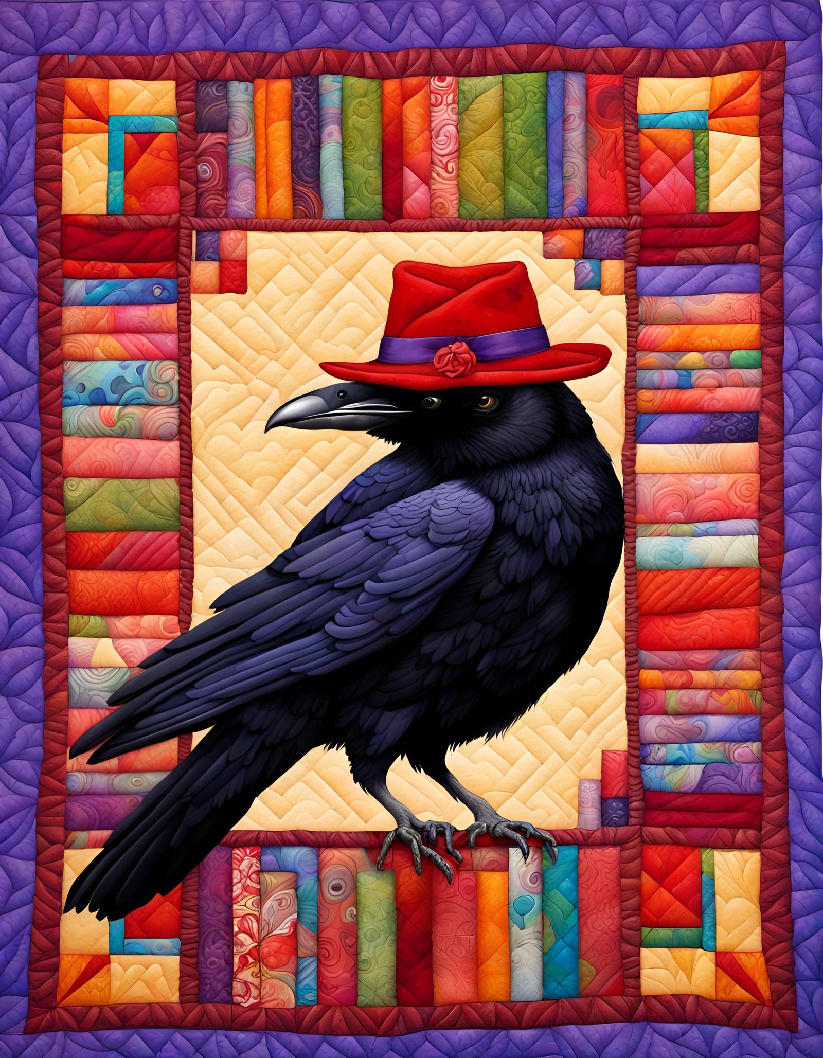 Raven in Hat Quilt: Vivid Detailed Painting