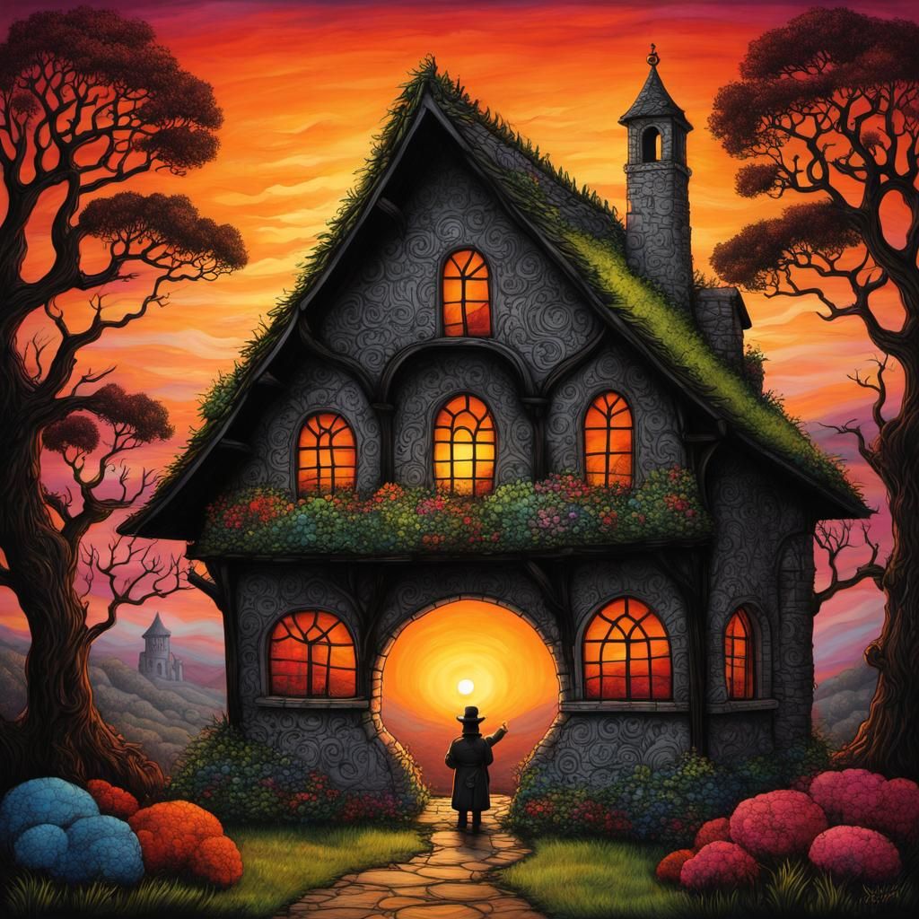 Surreal Oil Painting of Stonehouse with Potter Garden at Sun...