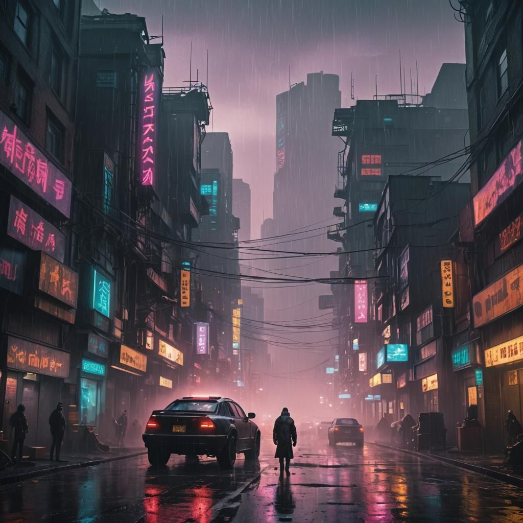 Cyberpunk Dystopia in Rain and Mist: Digital Matte Painting