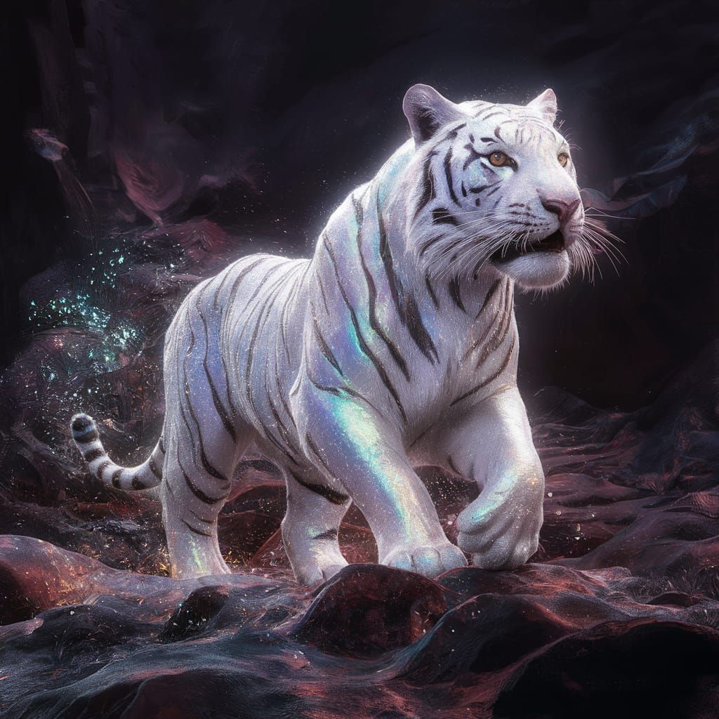 Crystalline White Tiger in a Fantasy Landscape