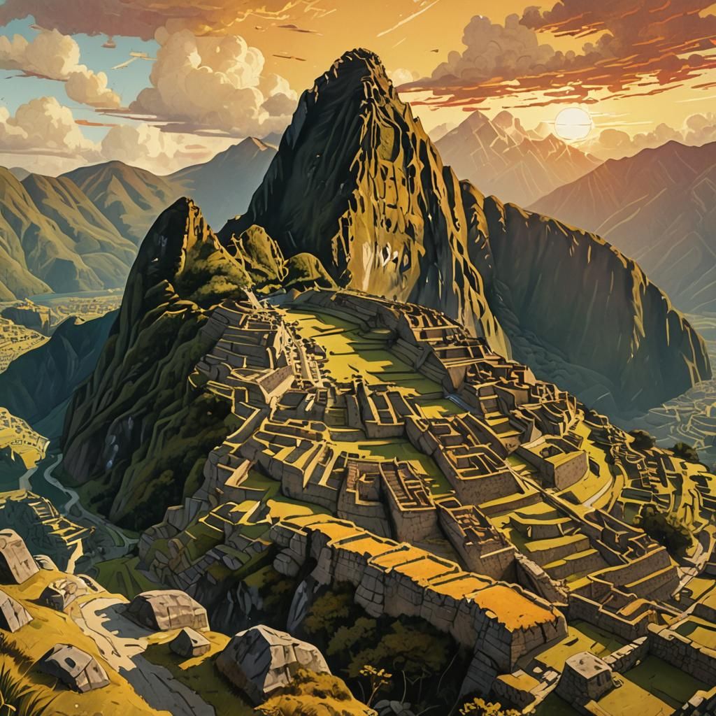 Machu Picchu Illustration on Parchment at Golden Hour