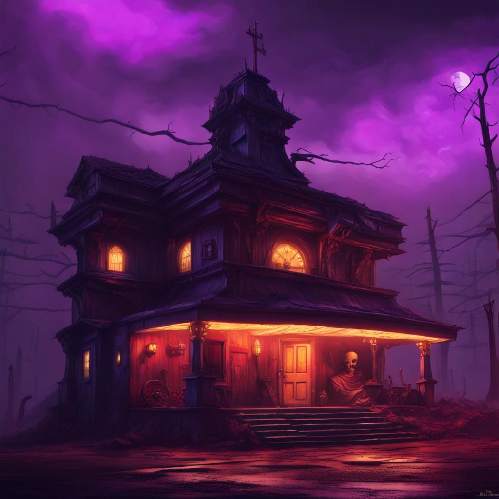 Creepy Motel at Hell's Entrance: Dark Fantasy Art