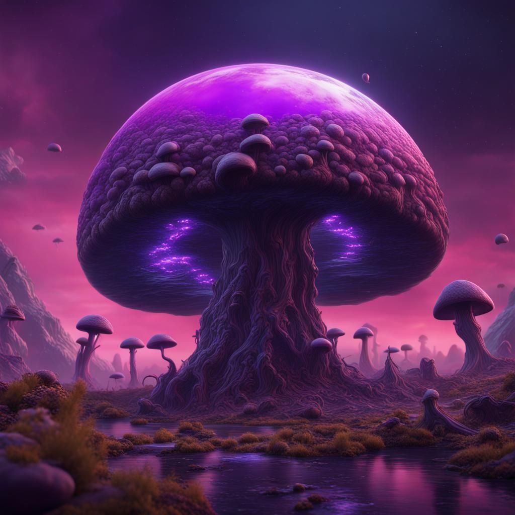 Purple Mushroom on Alien Planet: Detailed Matte Painting
