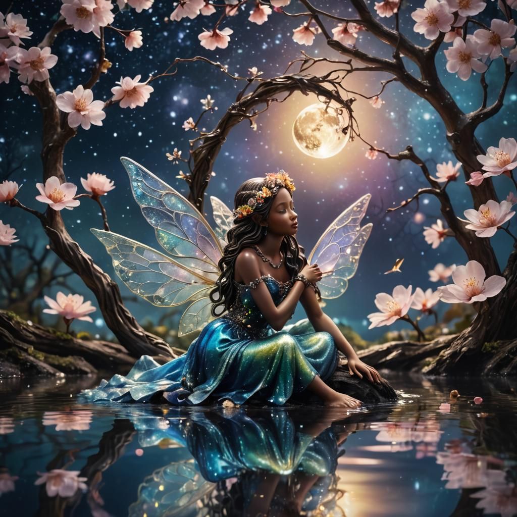 Fantasy Flower Fairy Princess with Moon Reflection