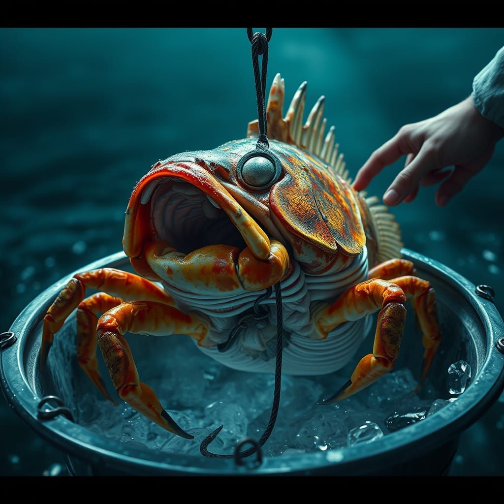 Stunning Nighttime Scene of Fish and Man in Metal Bucket