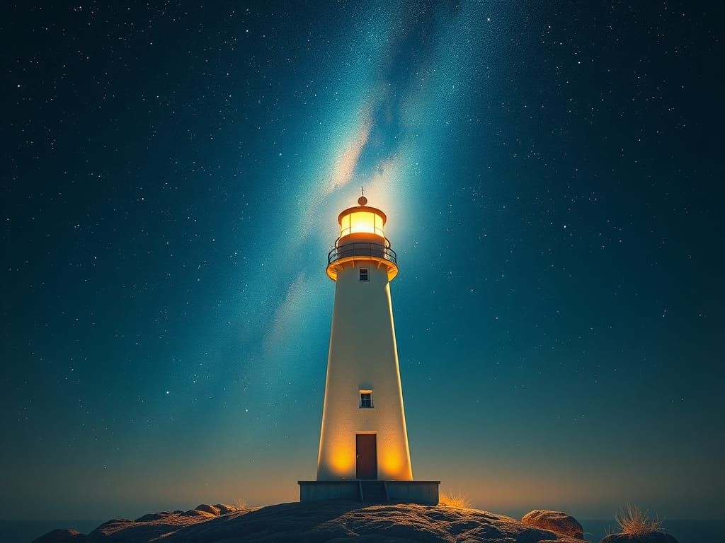 Lighthouse Under Starry Sky in Oil Painting Style