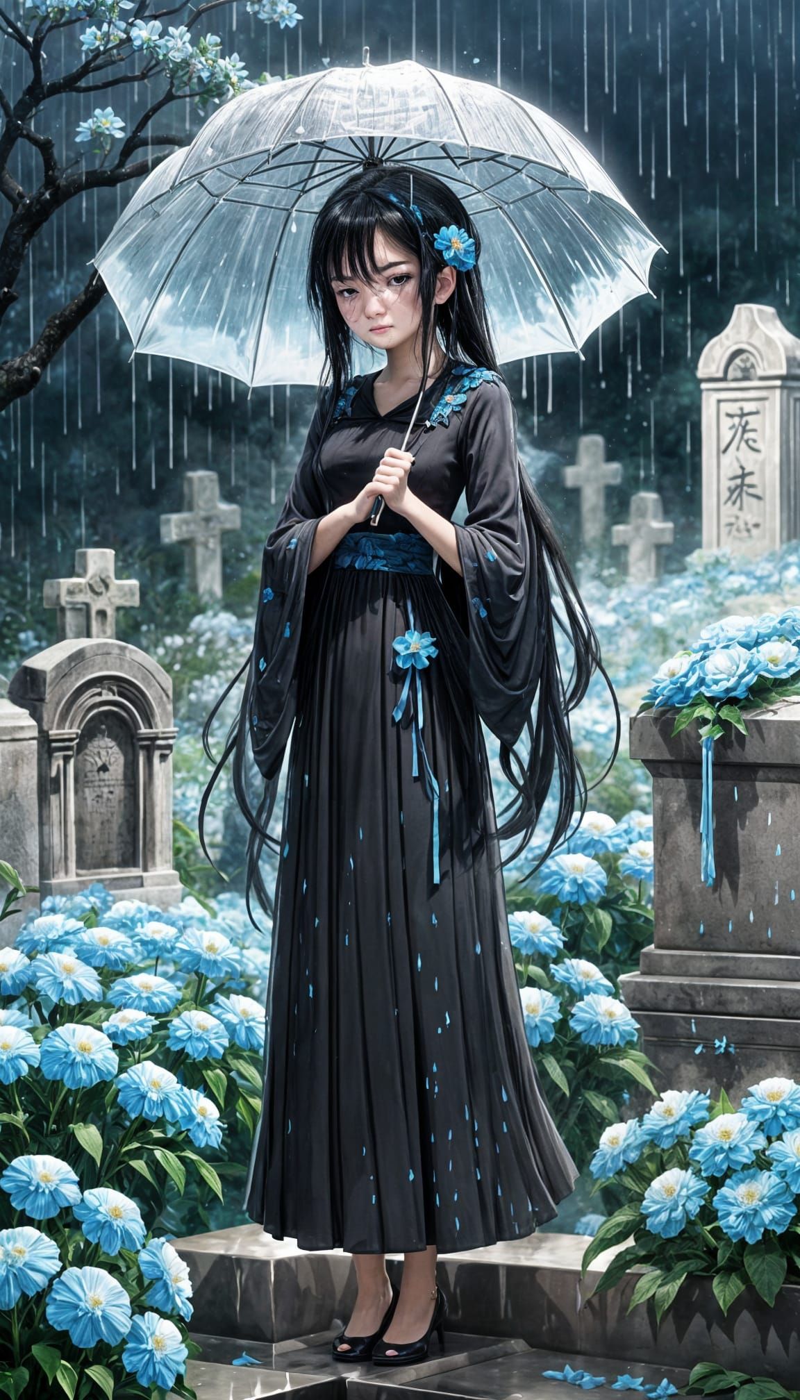 Girl's Lonely Farewell Ceremony on a Tomb