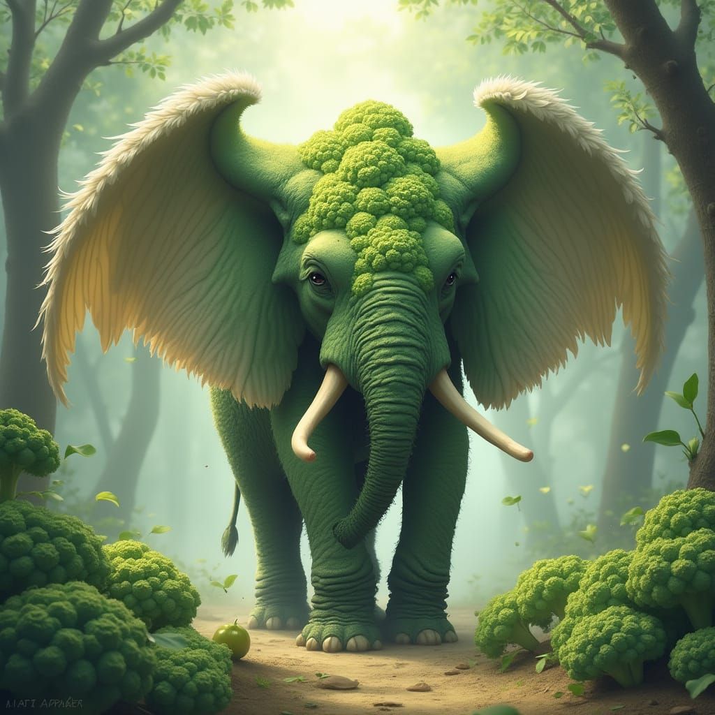 Surreal Elephant with Broccoli Body and Bird Wing Ears