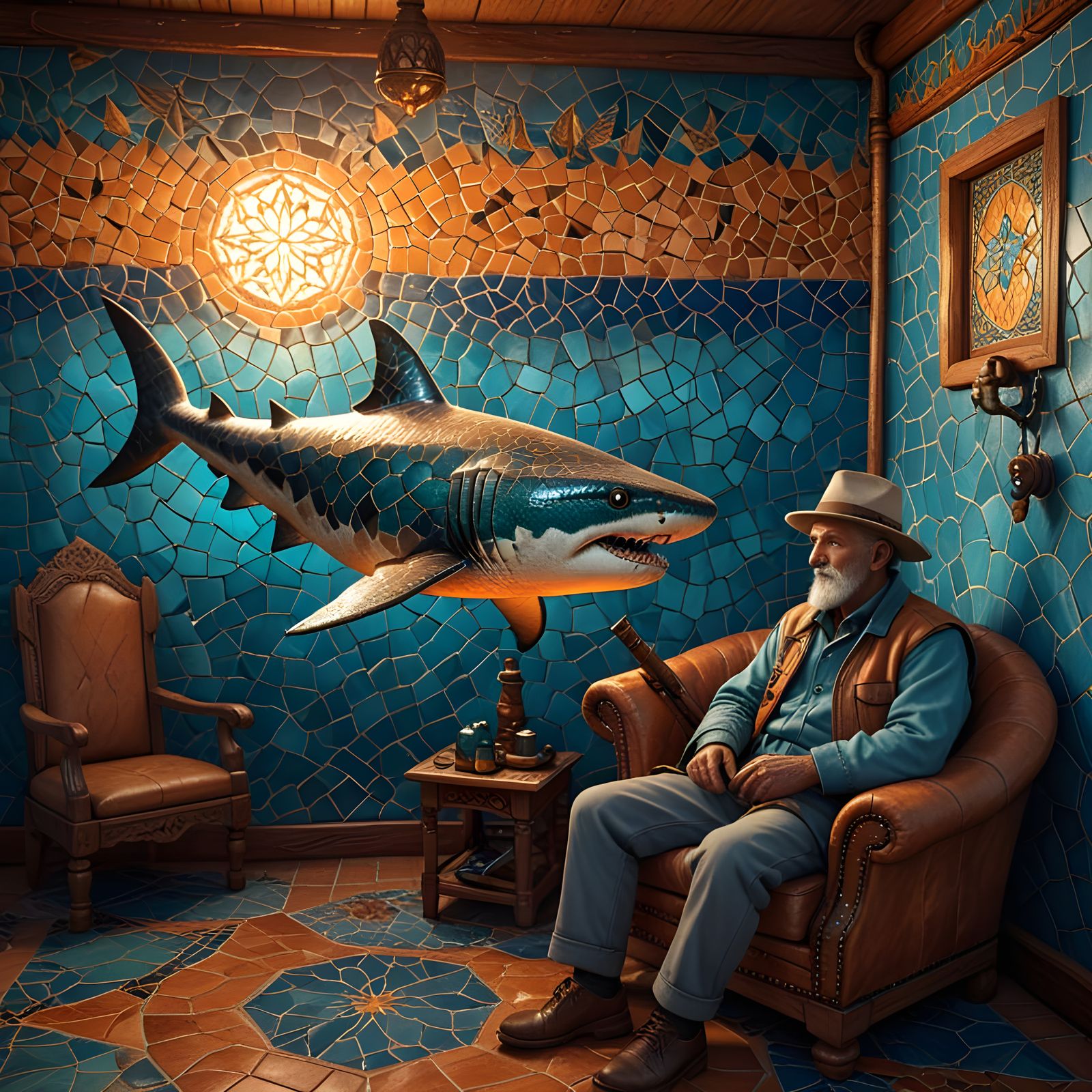 Fisherman in Turquoise Room with Shark Mosaic