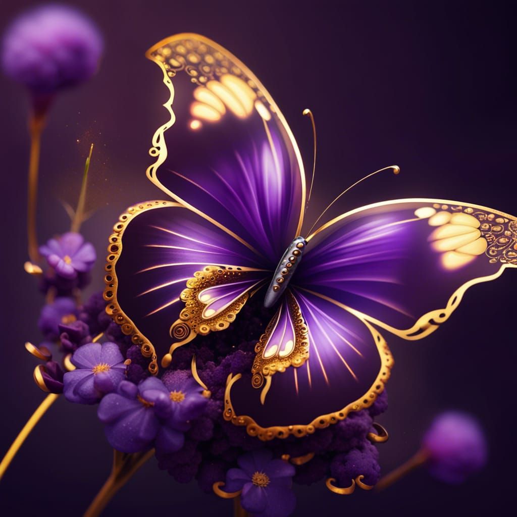 Purple and Gold Butterfly on Flower in Fantasycore Style