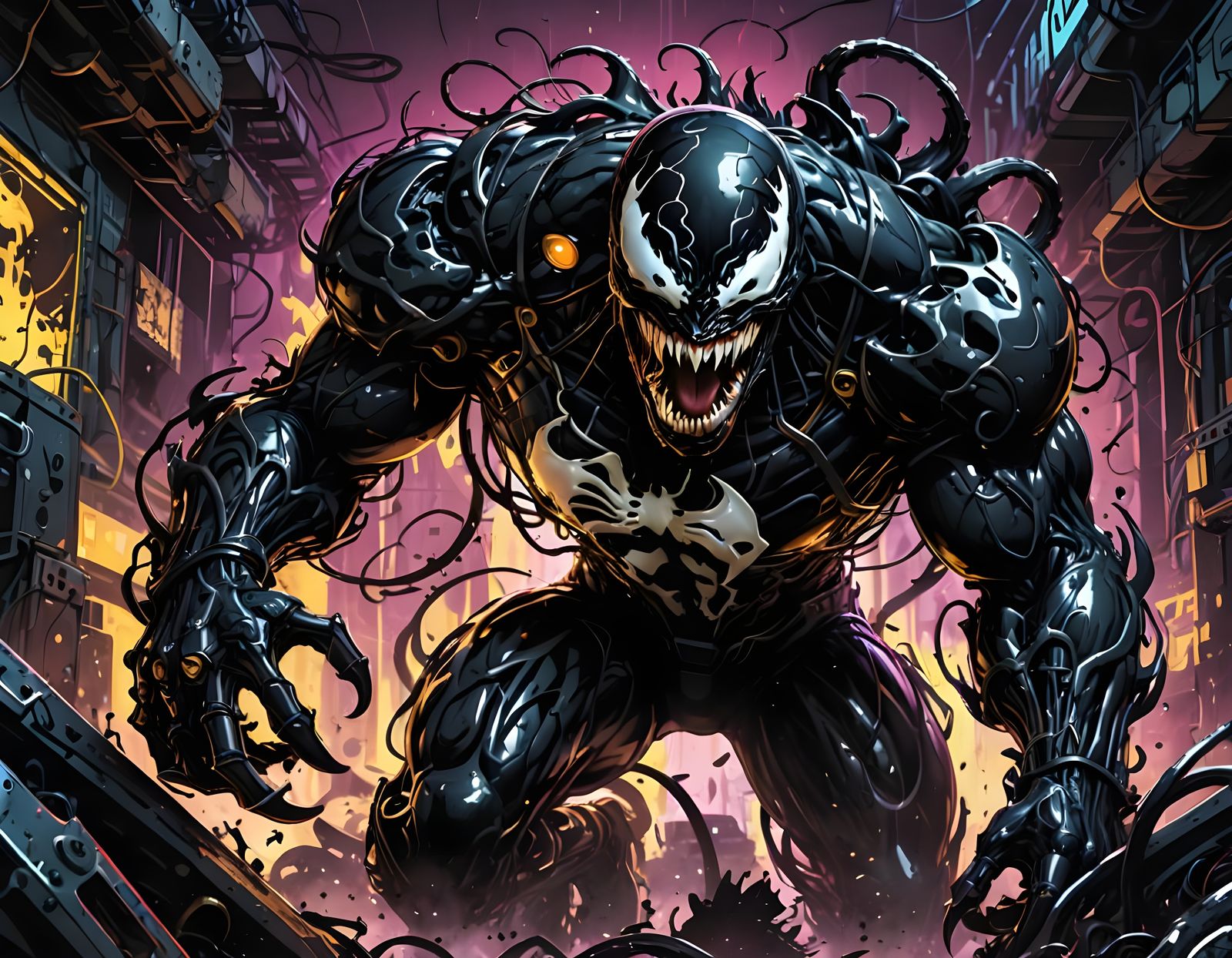 Cyberpunk Venom Emerge from Oil in Neon-Lit Chaos