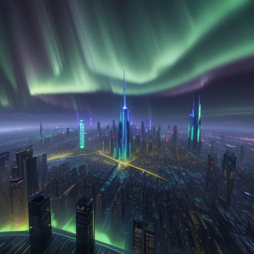 Futuristic Metropolis Under Aurora