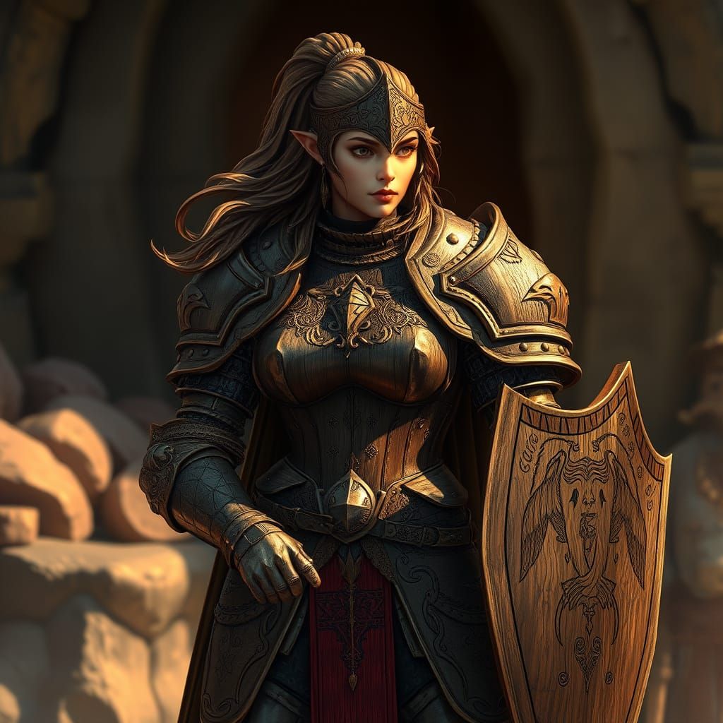 Female Knight in Intricately Crafted Wooden Armor