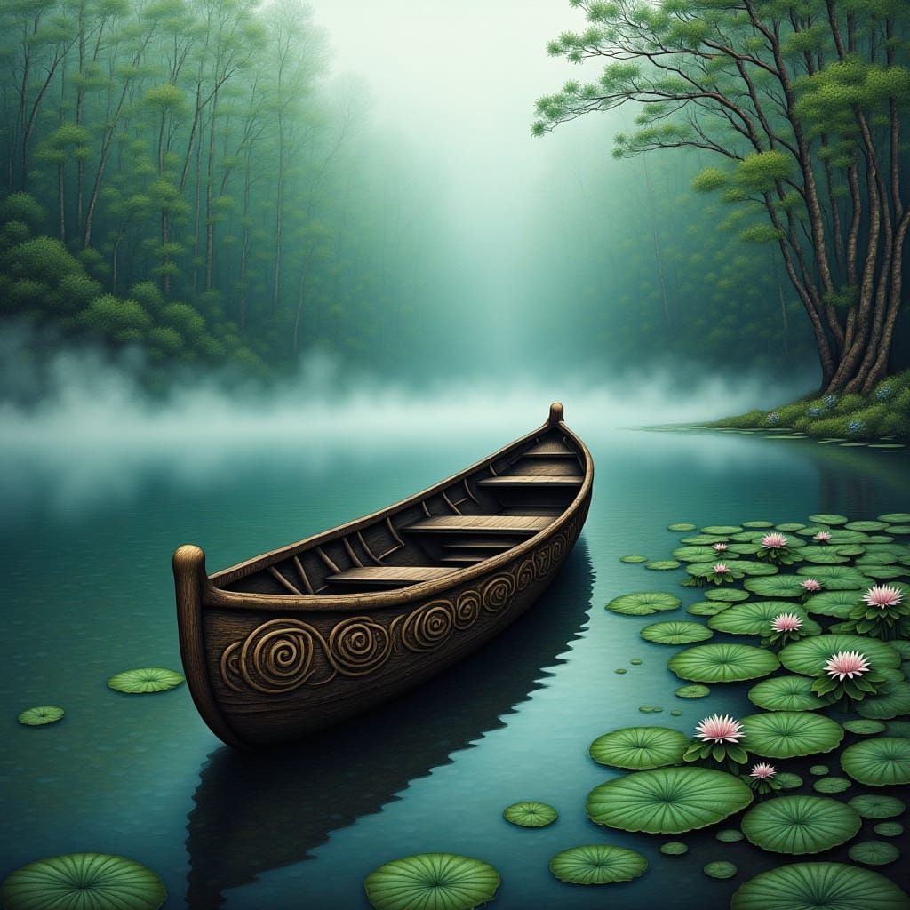 Misty Lake Scene with Ancient Rowboat in Celtic Knotwork Sty...