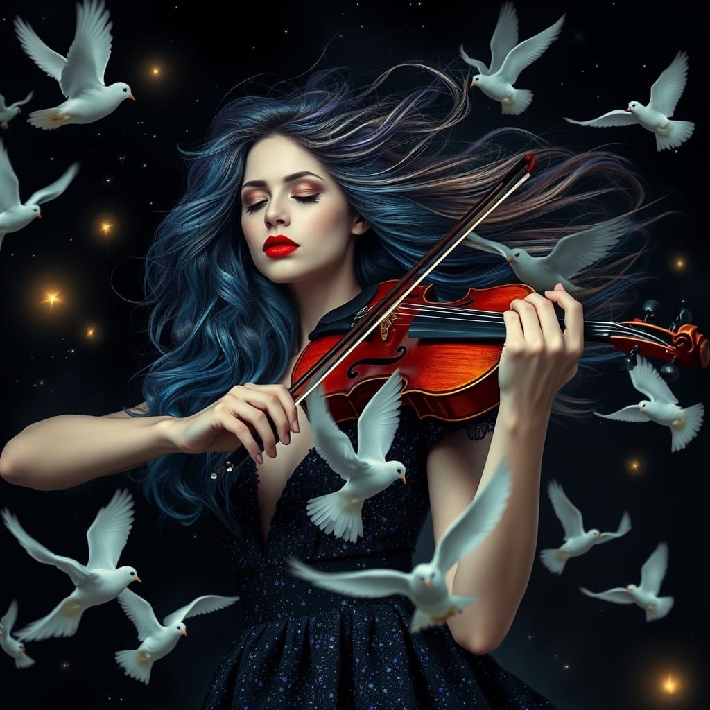 Realistic Portrait of a Woman Playing the Violin Under Starr...
