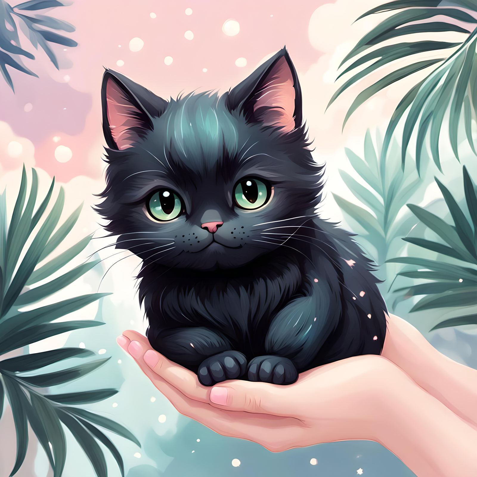 a very happy chibi black cat curled up in the palms of some ...