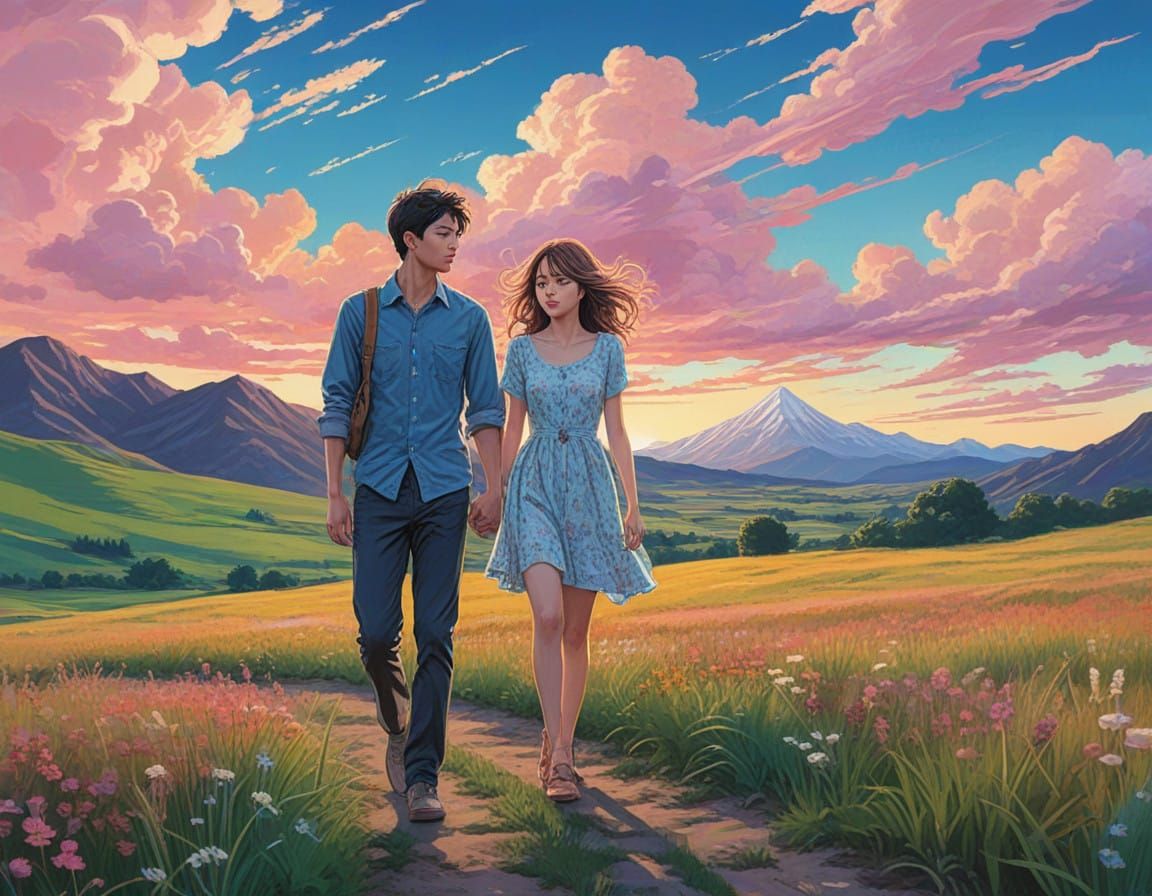 Dreamy Couple Strolls Through a Whimsical Meadow Landscape