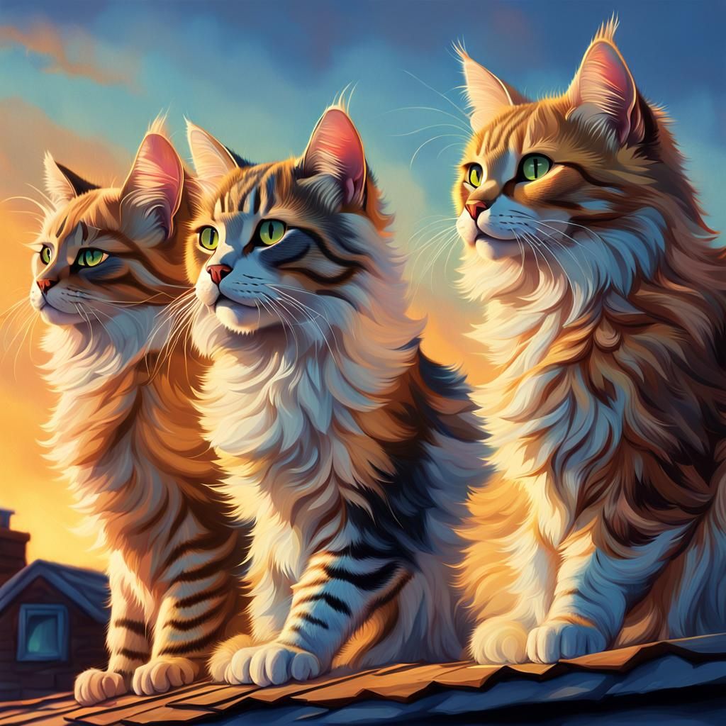Hyperrealistic Cat Family on Rooftop Concept Art