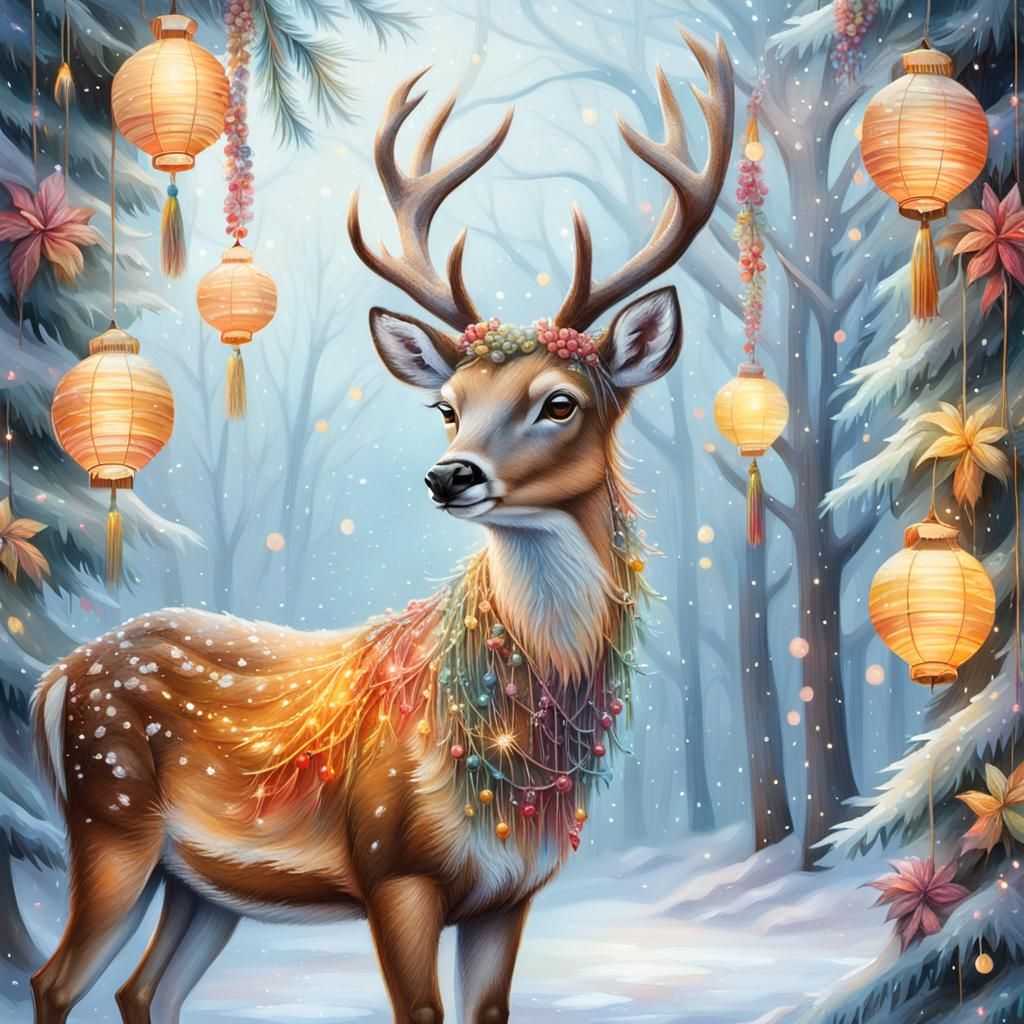 Whimsical Deer in Winter Wonderland Scene
