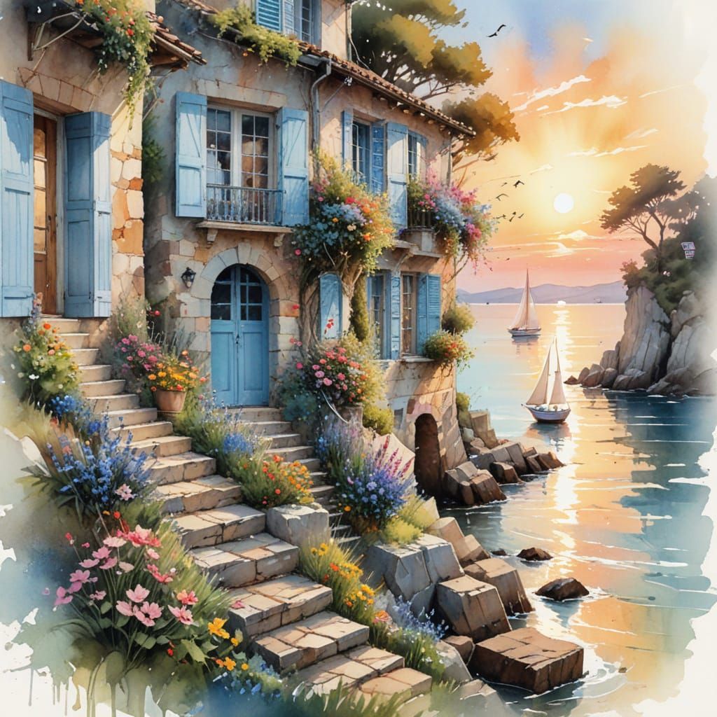 Dreamy Coastal Village at Golden Hour in Watercolor Style