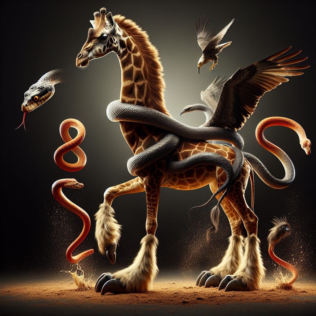 Giraffe-Snake-Bird Hybrid in Hyperdetailed Splash Art Style