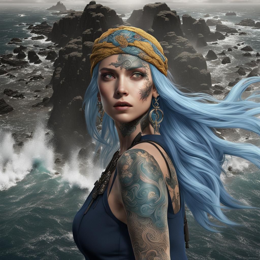Woman with Blue Hair on Rocky Beach